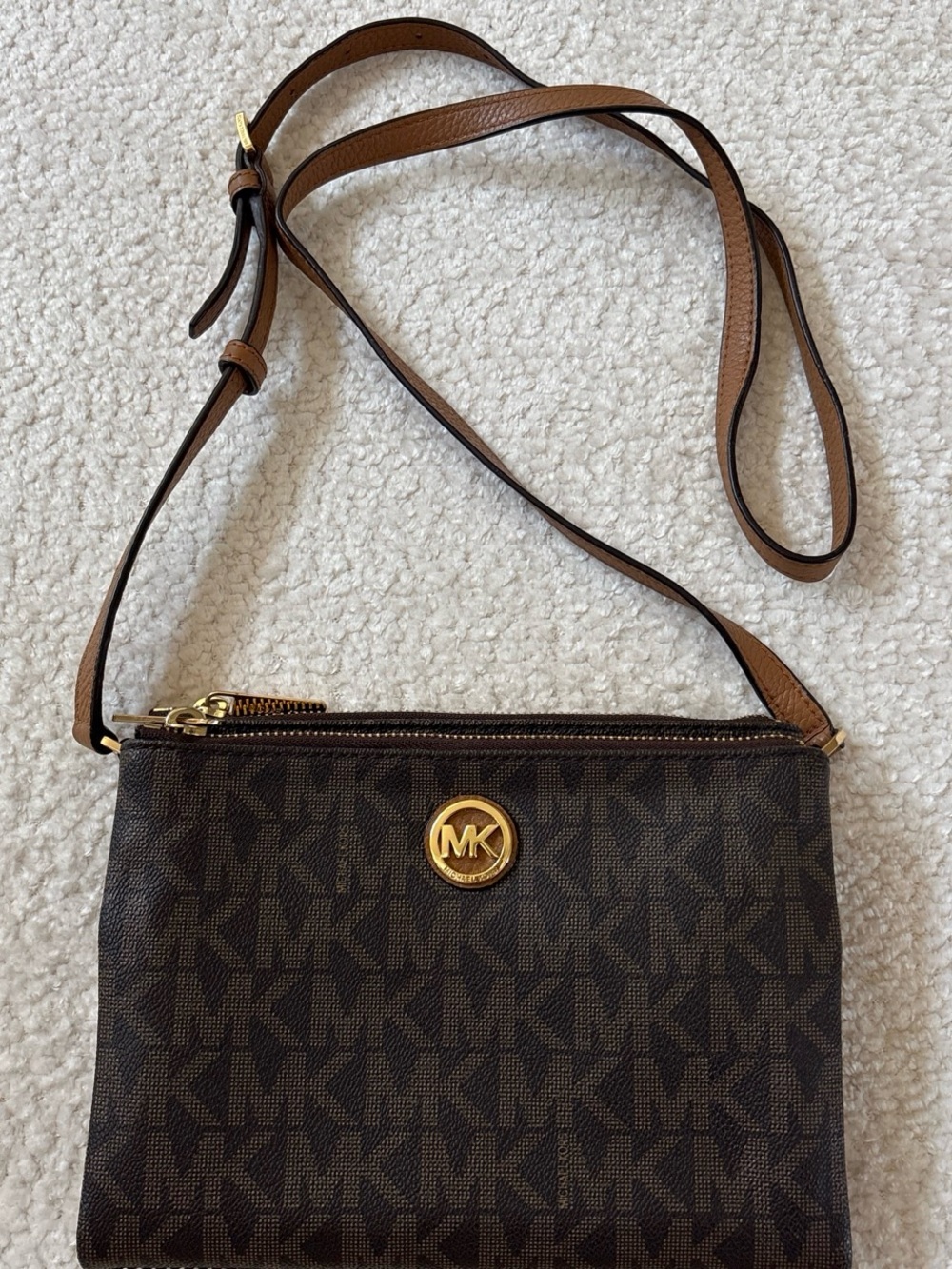 Michael Kors Brown and Gold MK Signature Double-Zip Crossbody